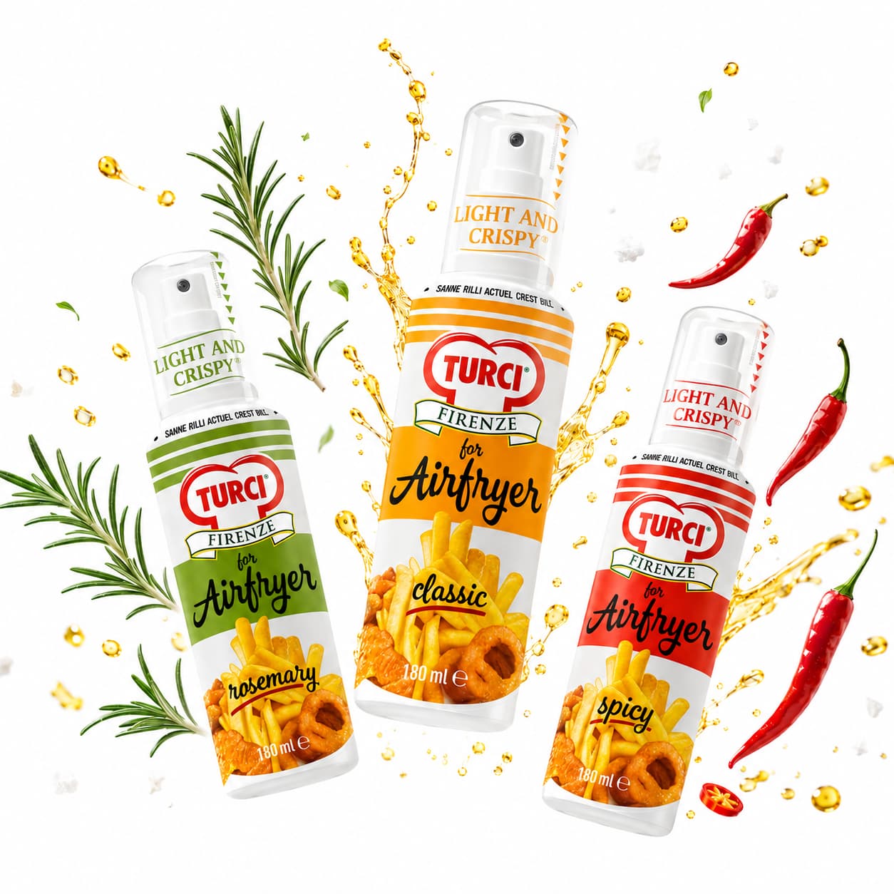 Olej ve spreji TURCI do aerogrillu – Rozmarýn, Klasický, Pikantní 180 ml