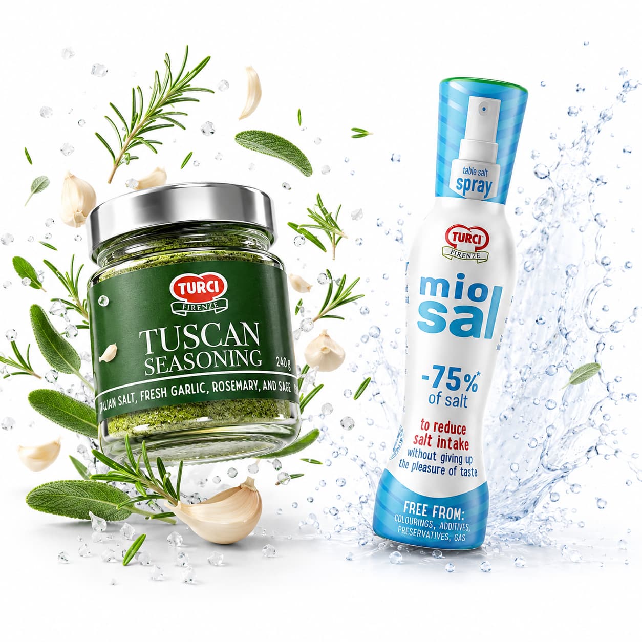 Tuscan Seasoning Turci a Mio Sal sprej – toskánská bylinková sůl s česnekem, rozmarýnem a šalvějí a tekutá sůl s -75% sodíku